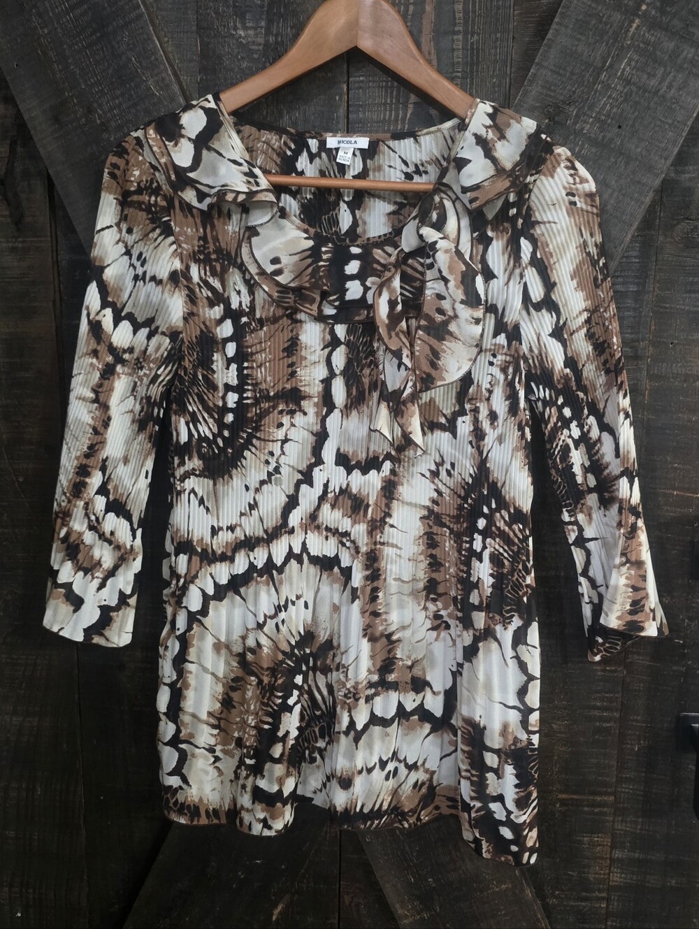 Vntg NICOLA Brown & Cream Printed Ruffle Neck Women's Top Medium